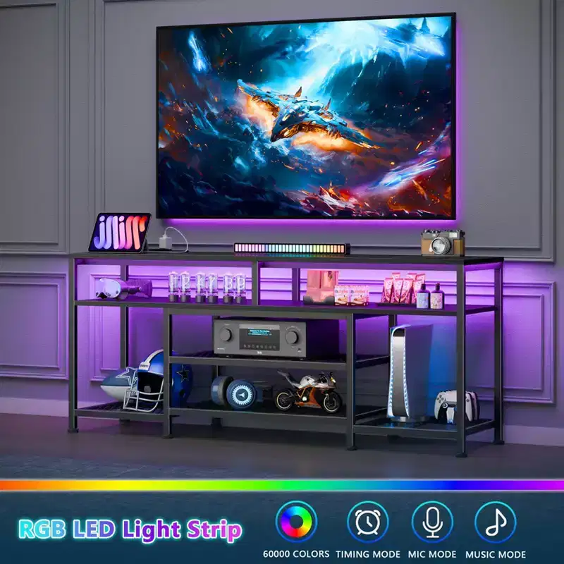 55 Inch Black TV Stand with Charging Station LED Lights Entertainment Center for TVs up to 60 Inch Media Console Storage Shelves Living Room Bedroom
