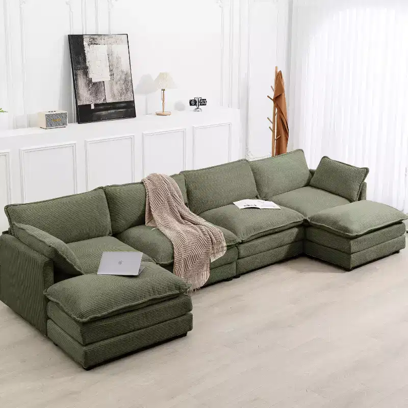Hyleory 147 in. W 6-Piece Modern Corduroy Fabric Sectional Sofa with Double Ottomans
