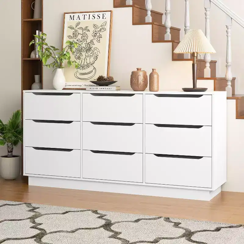 9 Drawer Dresser for Bedroom with Deep Drawers, Large Floor Wood Dressers & Chest of Drawers , Modern White Long Dressers