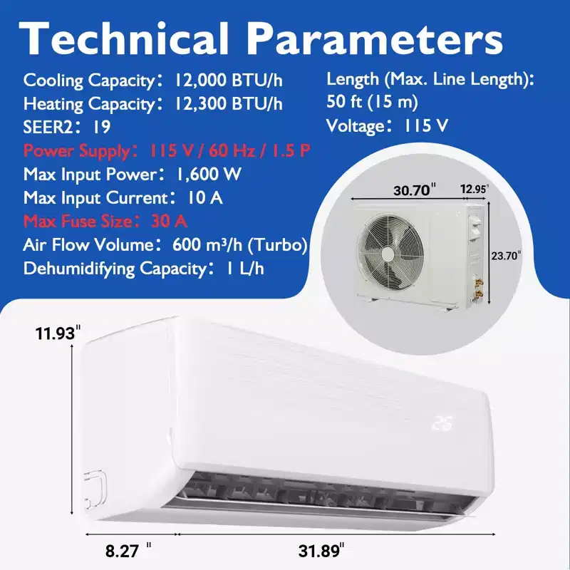 GustoWave Mini Split Air Conditioners with Heat Pump, 19 SEER2, White