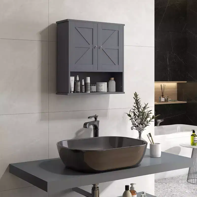 kleankin Bathroom Wall Cabinet, Farmhouse Medicine Cabinet with Open Shelf & Adjustable Shelf, Storage Cupboard for Laundry Room