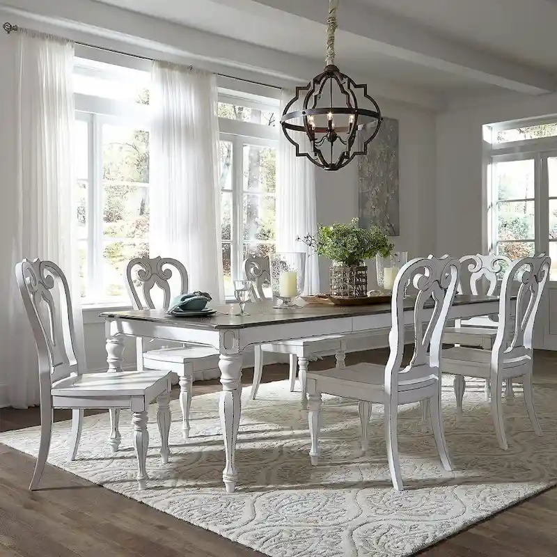 Magnolia Manor Antique White Weathered Bark Opt 7 Piece Leg Table Set