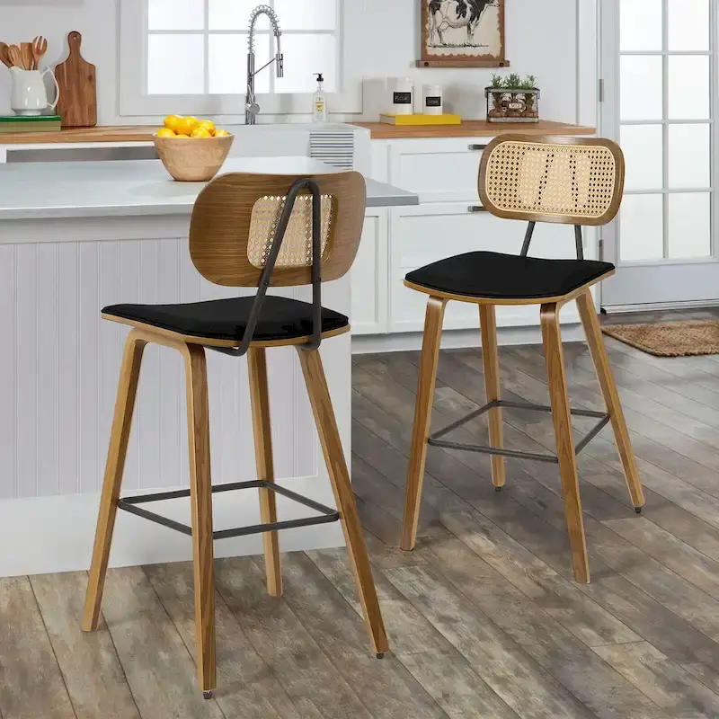 26-inch Wood Counter Height Bar Stools with Rattan Back