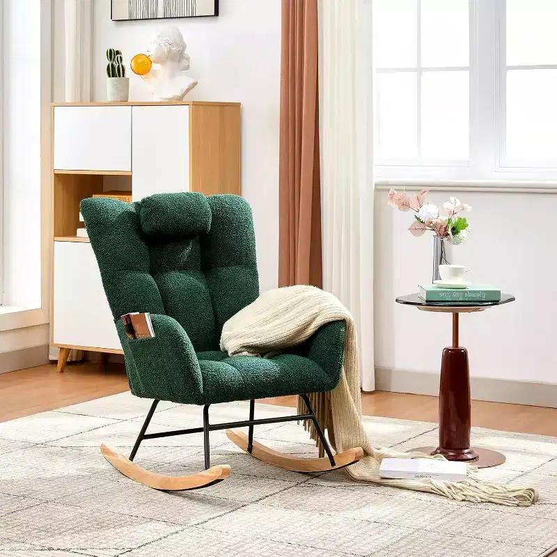 Rocking Chair Nursery Teddy with Pillow&High Backrest Armchair,Fabric Upholstered Accent Chair Nursing Chairs for Living Room, Bedroom