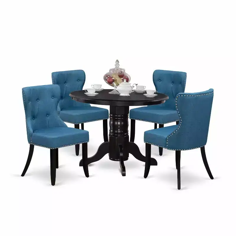 HomeStock 5-Piece Round Black Finish Solid Wood Top Dining table with 4 Chairs