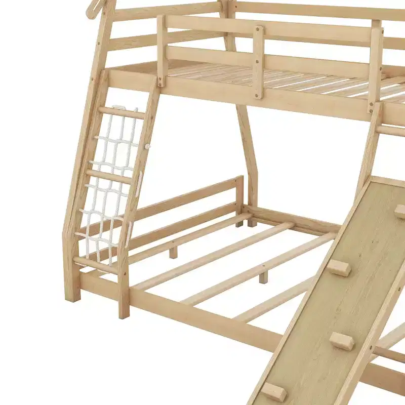 Twin Over Queen House Bunk Bed with Climbing Nets and Ramp