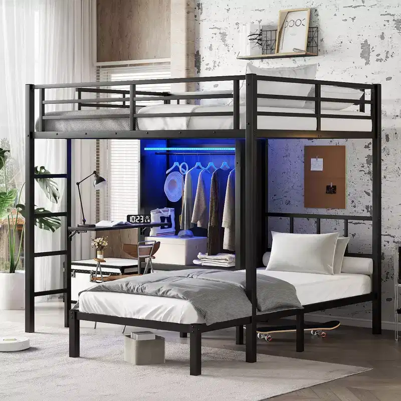 Full XL Over Twin Metal Bunk Bed with Folding Desk, Closet with LED, Space-Saving, Black