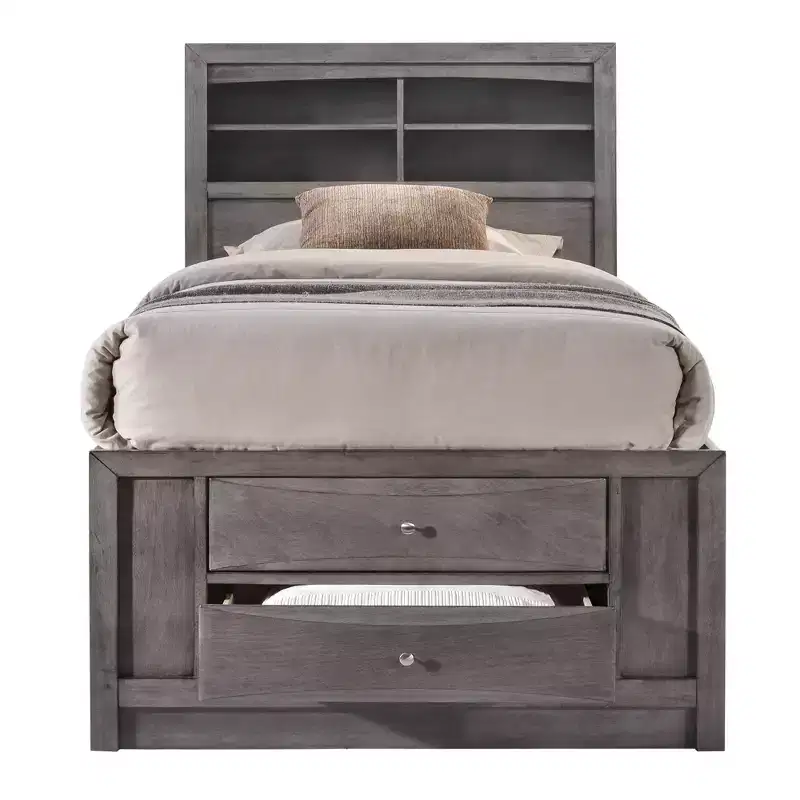 Gray Storage Platform Bed with Headboard Storage & Built-In Drawers – 500 lb Capacity