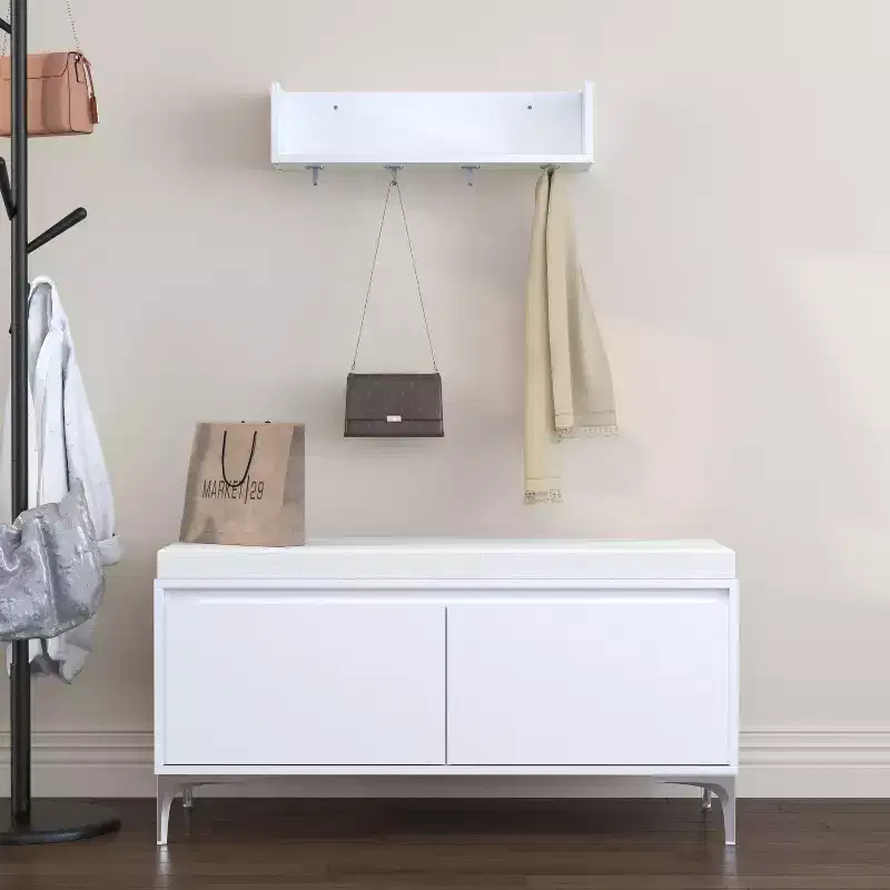 Storage Bench and Wall-Mounted Entryway Shelf with Hooks Set, Entryway Shoe Bench Shoe Cabinet Storage Chest with Cushion, White - ModernLuxe