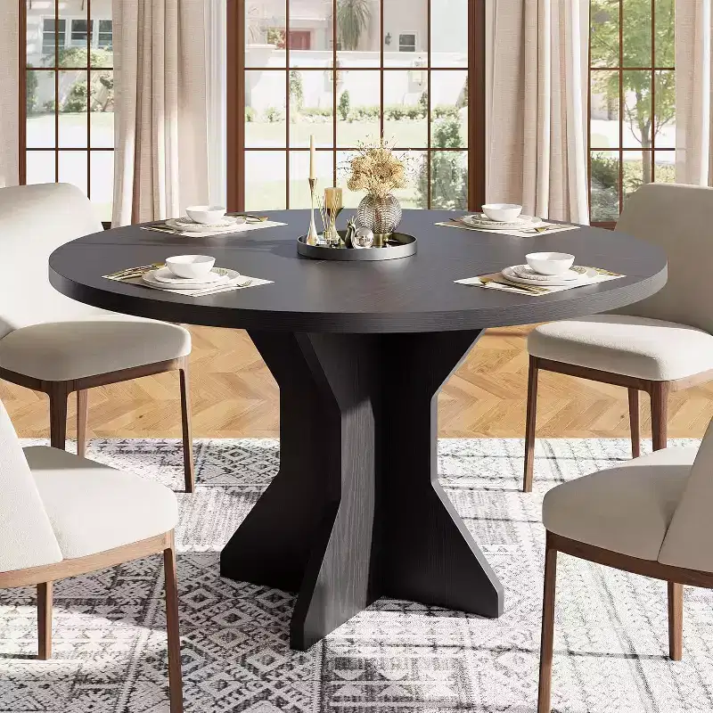 Round Dining Table for 4-6 People,47 Circle Kitchen Dinner Table with Sturdy Pedestal Base,Small Spaces Dinning Room Furniture for Living Room