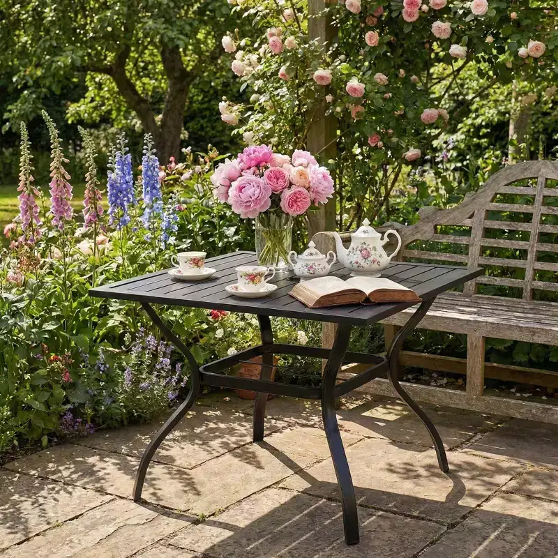 Durable Metal Steel Slat Patio Dining Table  Square Outdoor Bistro Table for Backyard, Garden, and Patio Furniture