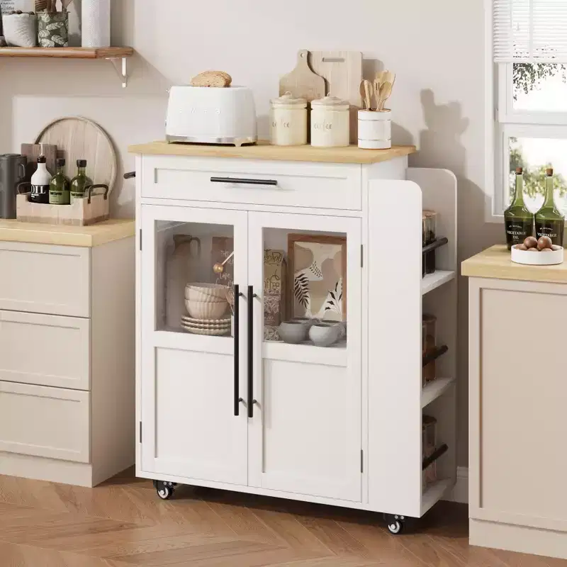 Kitchen Island Cart with Storage, Mobile Rolling Island with Glass Cabinet Doors & Spice Rack for Dining Room & Kitchen, Natural