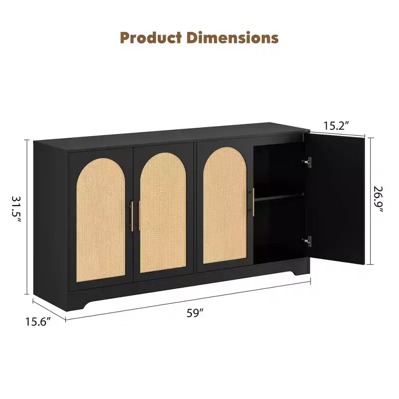 59in Sideboard Buffet Cabinet - Large Credenza Storage with 4 Rattan Doors, Modern Console Table Accent Coffee Bar Cabinet for Living Room, Kitchen