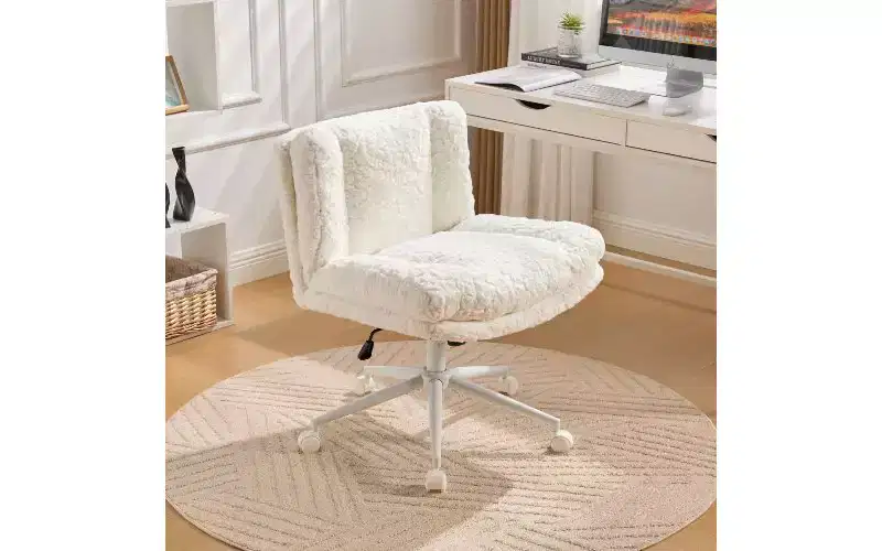 TUYOHW Plush Faux Alpaca Ergonomic Office Chair, 26.4 Wide Seat Home Office Desk Chair, Adjustable Swivel Vanity Chair with Metal Base
