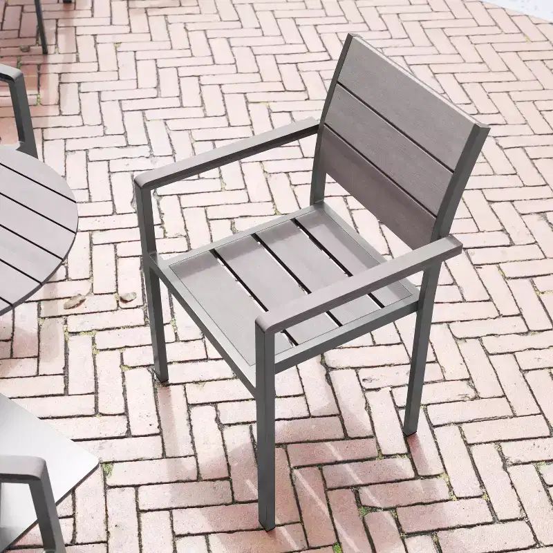 Flash Furniture Finch Commercial Grade Patio Chair with Arms, Stackable Side Chair with Faux Teak Poly Slats and Metal Frame