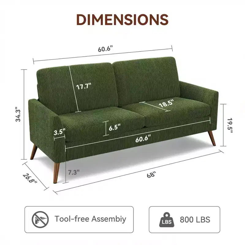 Loveseat Sofa, Memory Foam Cushion with Tool-Free Setup, Mid-Century Modern Design for Small Spaces