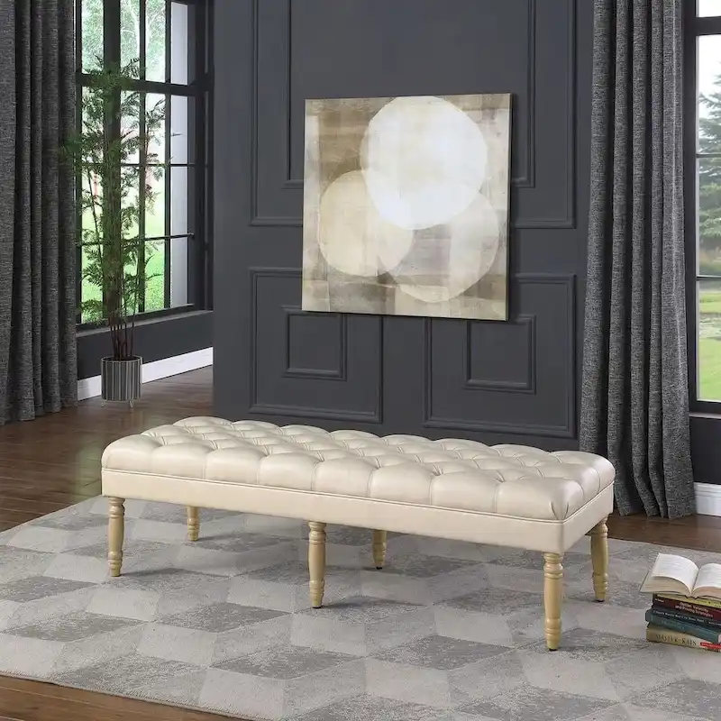 Classic Tufted Top Long Bench | Faux Leather Upholstery | Entryway or Bedroom