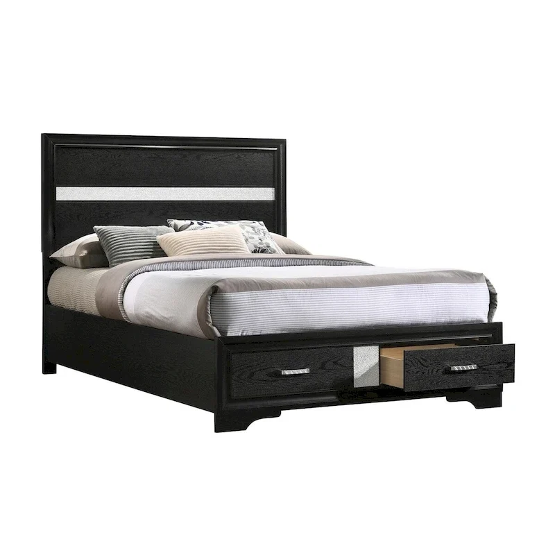 Vino Full Size Panel Bed with 2 Storage Drawers, Acrylic Glitter, Black