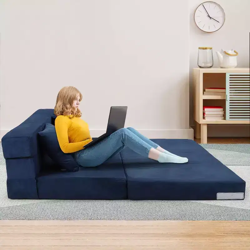 Folding Sofa Bed, Foldable Couch Bed with Pillow, Convertible Sleeper Chair Mattress, Futon Floor Couch with Memory Foam Washable Cover, Blue