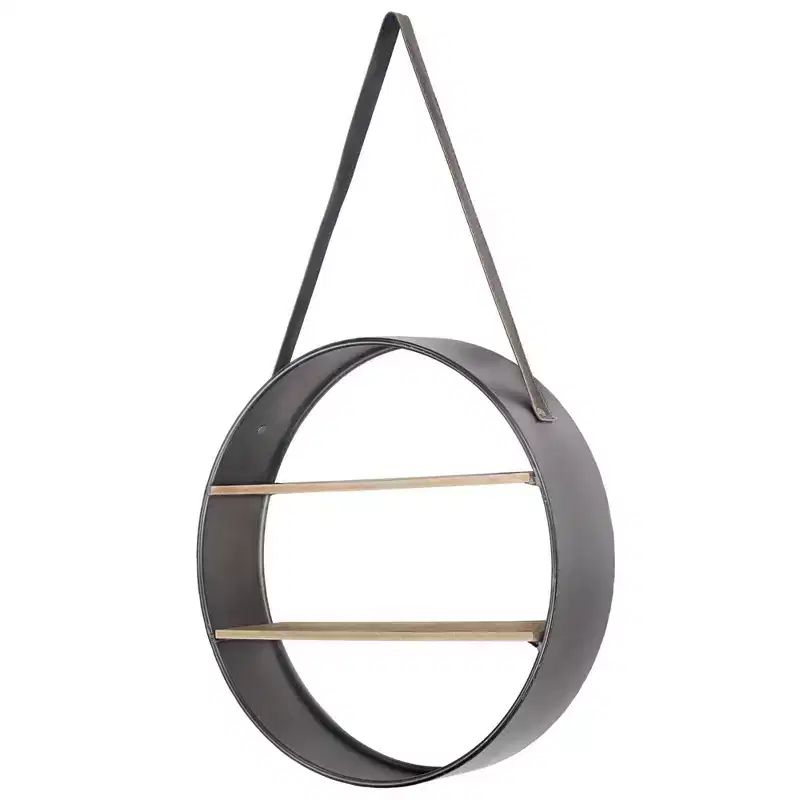 33" Round Metal and Wood Hanging Wall Shelf Brown - American Art Decor: Modern Curio Storage, No Assembly