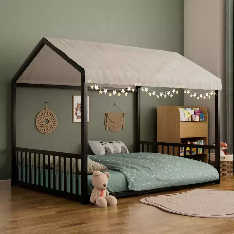 Full Size Metal Floor Bed Frame with House Shape and Guardrails