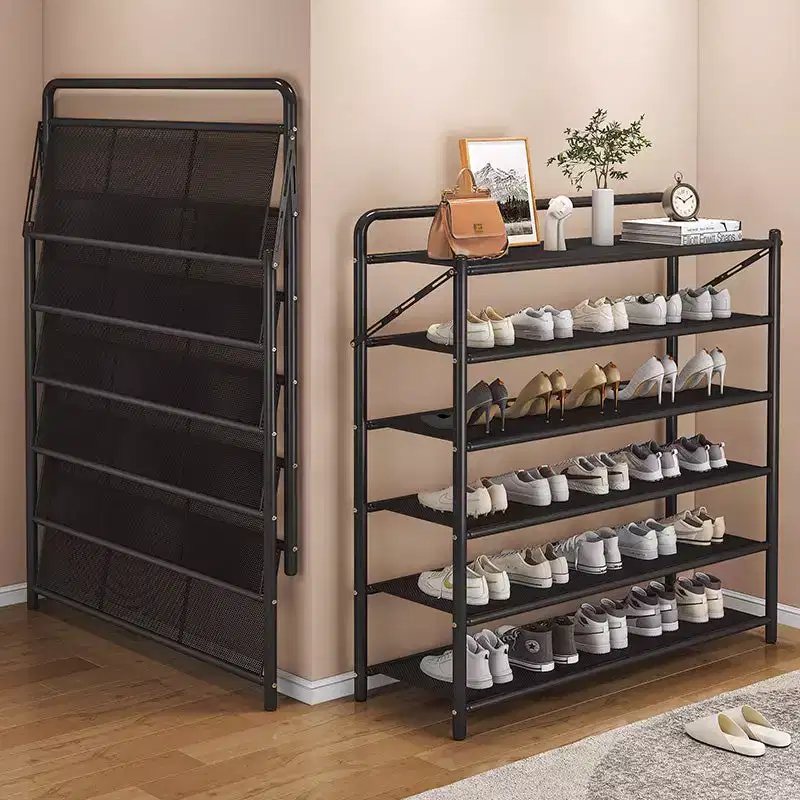 Space-Saving Slim Shoe Rack Organizer, Sturdy Metal Frame, Holds 10-20 Pairs, Rustic Black, Ideal for Entryway