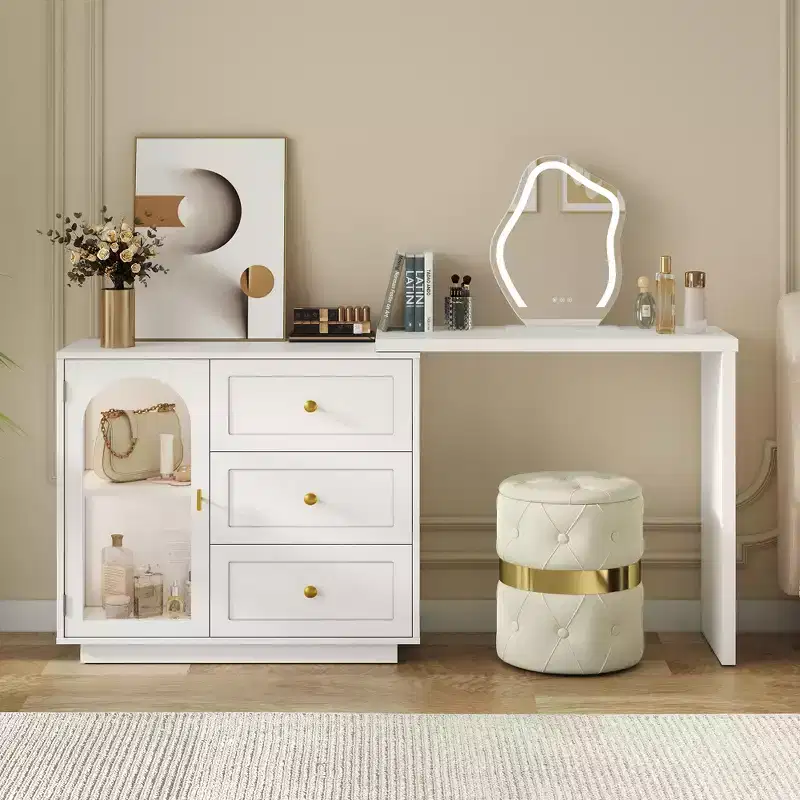 Extendable Corner Makeup Vanity Desk with 3 Drawers and 2 Doors