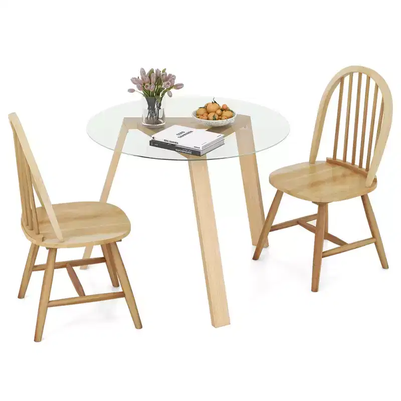 Costway 3 PCS Dining Set for 2 Round Table with 2 Chairs Solid Rubber Wood Frame Modern Black/Beige