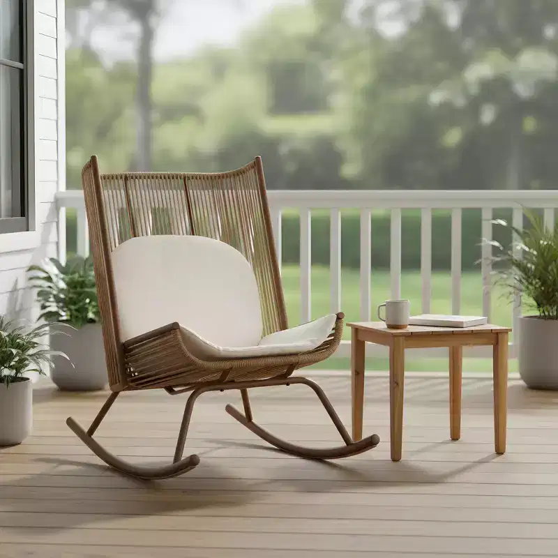 Christopher Knight Home Varun Farmhouse 2 Piece Patio Dining Set with Acacia Wood Table and Iron Rocking Chair