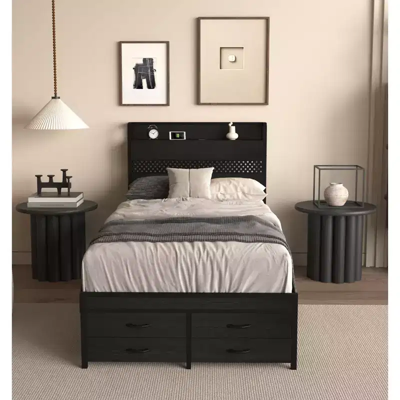 Okak Twin Size Wooden Platform Bed with Storage Compartment & Headboard,Modern Small Bed Frame for Bedroom,Kids Room