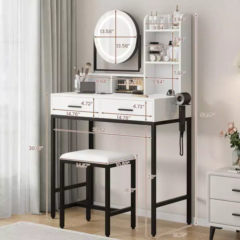 Modern Vanity Desk with Adjustable Rotating Mirror, 3 Color Light, Makeup Table with Storage for Bedroom