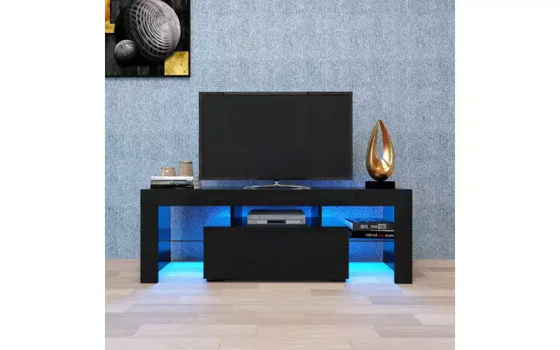 Entertainment Center TV Stand with LED Lights, Open Storage Shelf for Gaming Systems, Media Console for Bedroom and Lounge