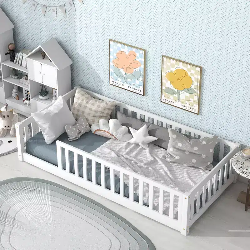 MAYEERTY Twin Floor Bed with Fence without Door, Rubber Wood Floor Guardrails White