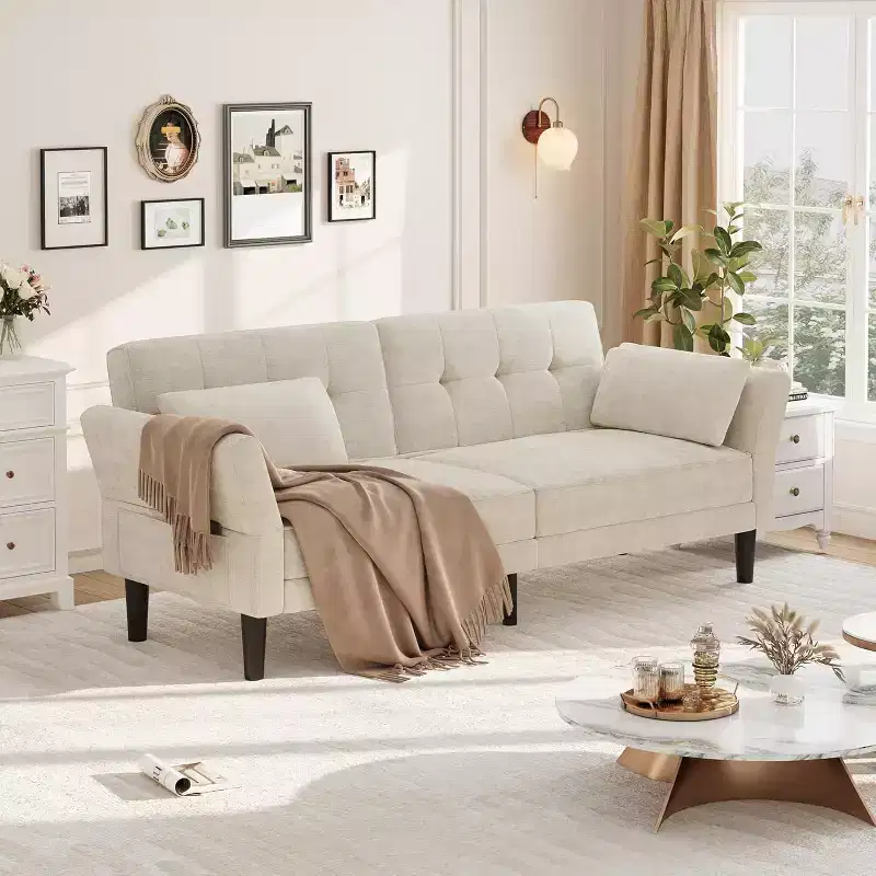 89 Futon Sofa Bed, Modern Sleeper Sofa with Adjustable Backrest & Armrest, Convertible Futon Couch Bed with 2 Pillows for Home Office