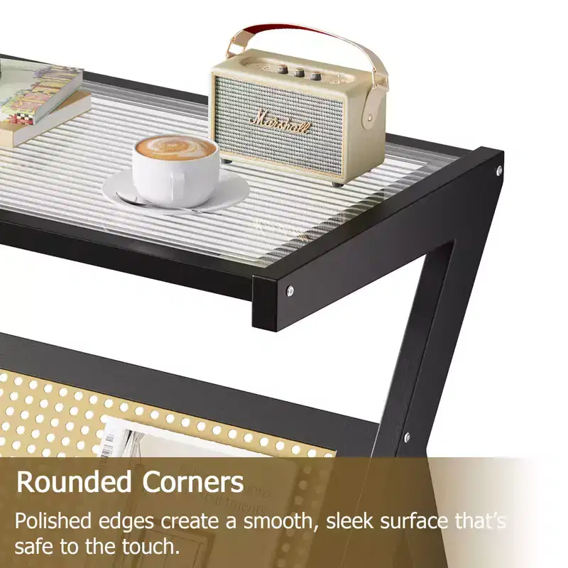 Rattan End Table with Bamboo Frame Tempered Glass Top Z-Shaped Storage Shelf Natural