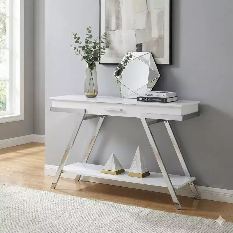 Royal Hampton 48 Inch Sofa Table, Open Shelf, Chrome Frame, High Gloss White Finish