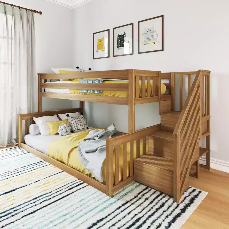 Wooden Twin over Full Low Bunk Bed for Kids with Staircase