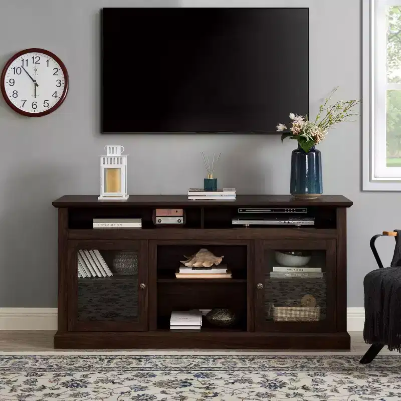 TUYOHW TV Stand with Glass Door for TVs up to 65 Inches,Modern Entertainment Center with Cabinets and Open Shelves