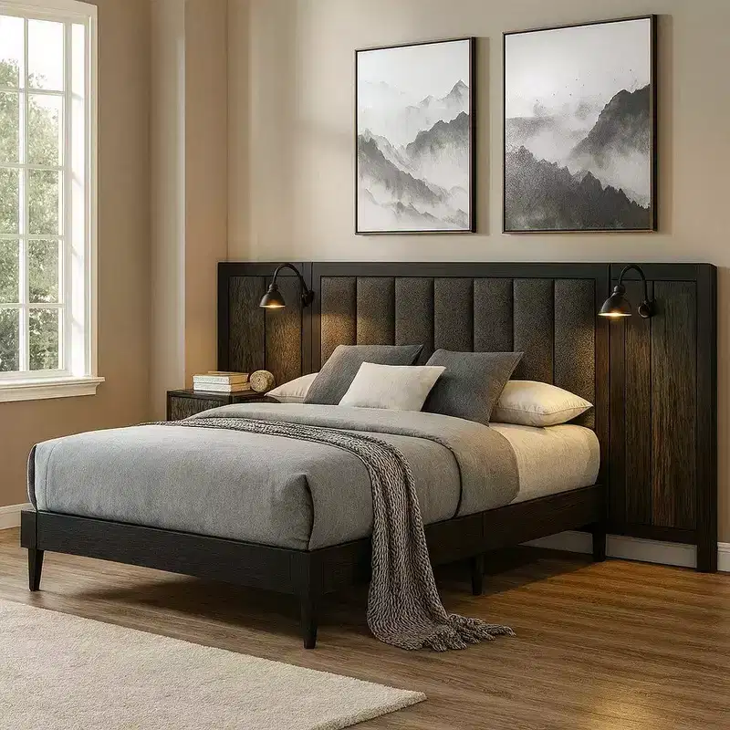 Royal Hampton Queen Size Bed, Dark Brown Wood Frame, Upholstered Headboard