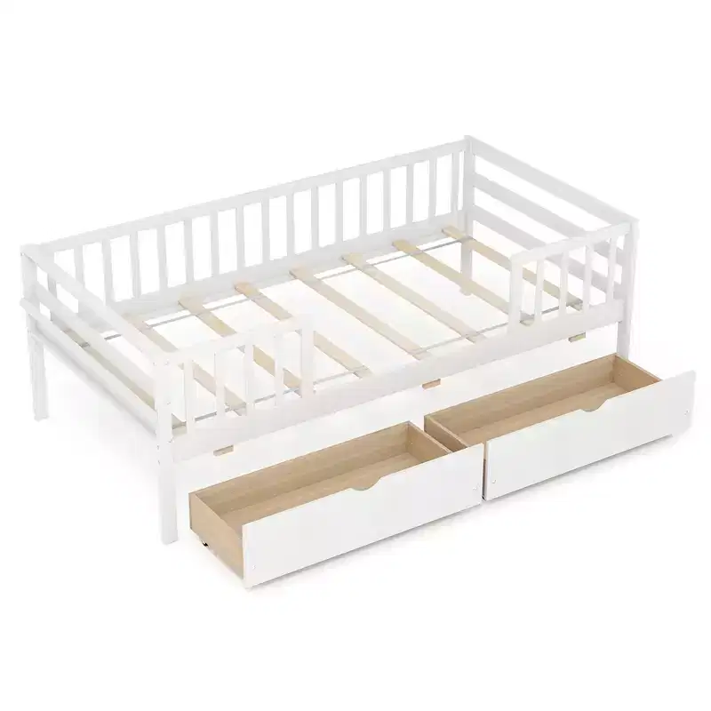 Costway Twin Size Kids Bed w/ Storage 2 Pull-out Drawers Side Shelf for Children & Teens