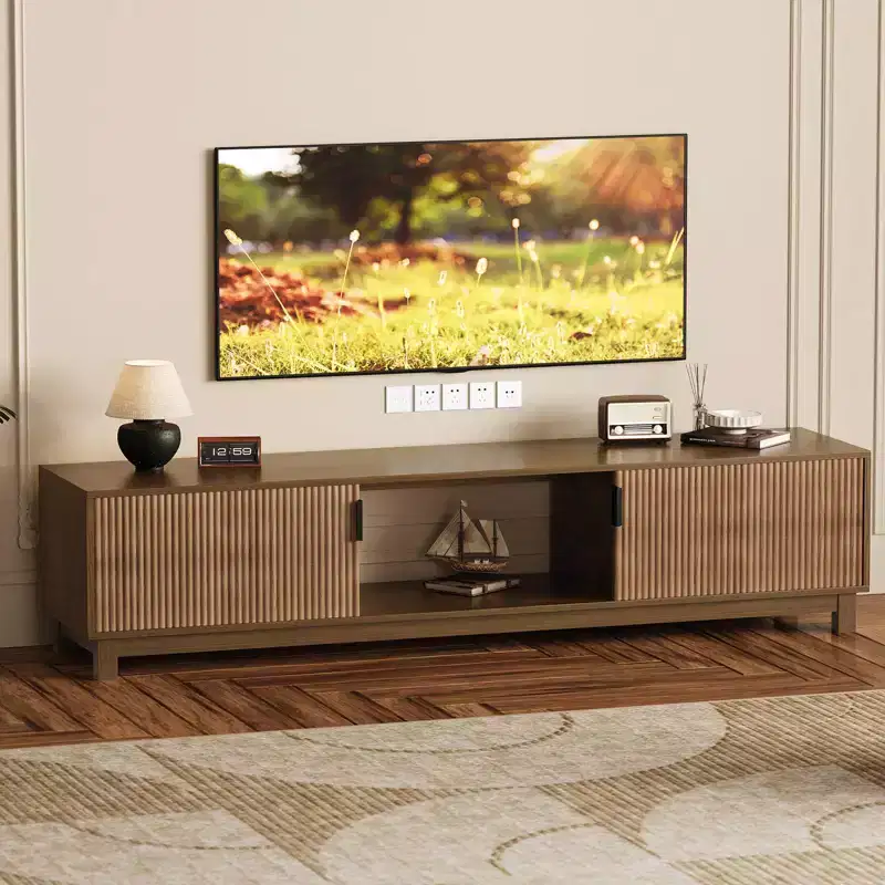 70-Inch Low-Profile TV Stand with Fluted Doors and Open Storage Shelf – Walnut