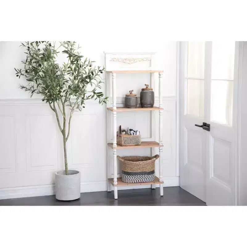 Farmhouse Pine Wood Shelving Unit White - Olivia & May: 4-Tier Bookcase, Tall Storage Organizer