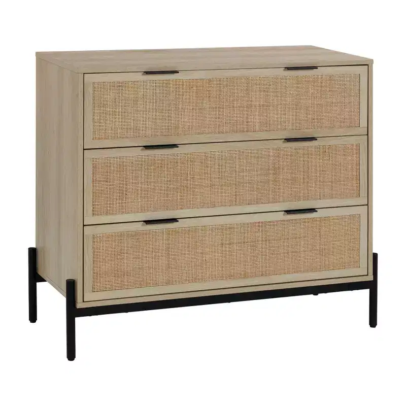 Nathan James Andrew 3 Drawers Storage Cabinet with Natural Rattan Accent and Metal Legs: Bohemian Charm, Ample Storage