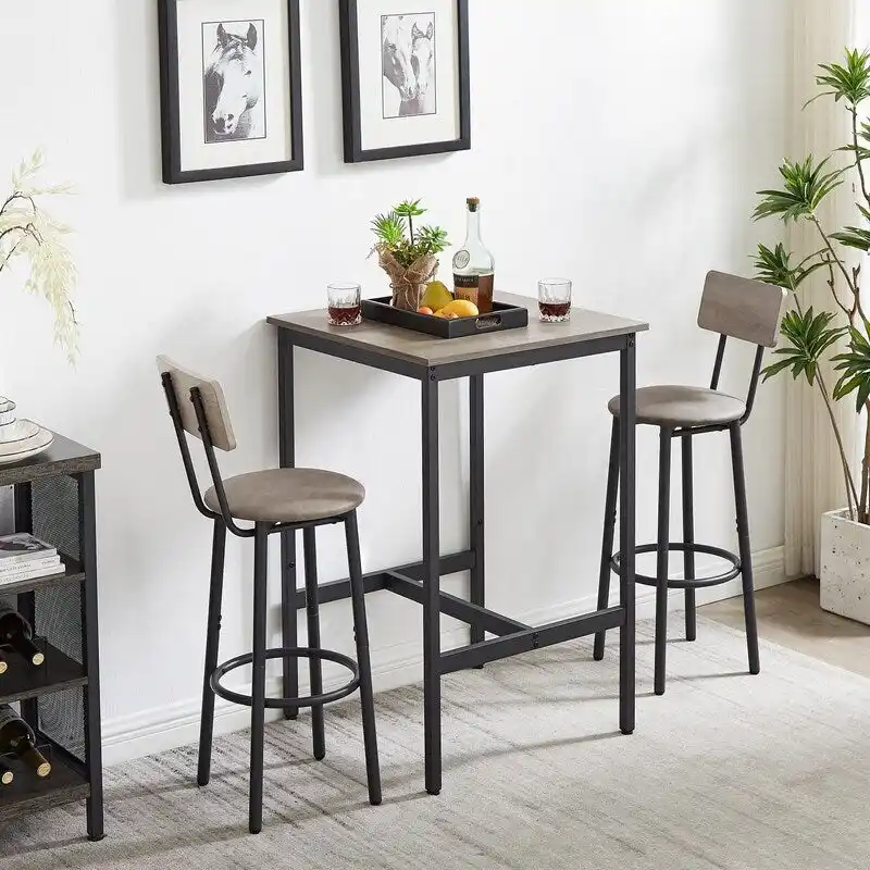 Eureka Industrial Bar Table Set, 3-Piece Dining Table and PU Upholstered Stools Set, Small Counter Height Pub Bistro Table Set