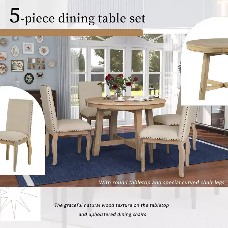 Whisen 5-Piece Farmhouse Dining Table Set with Extendable Dining Table and 4 Upholstered Dining Chairs