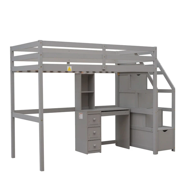Gray Twin Pine Loft Bunk Bed with Storage Staircase, Desk, Shelves, Drawers