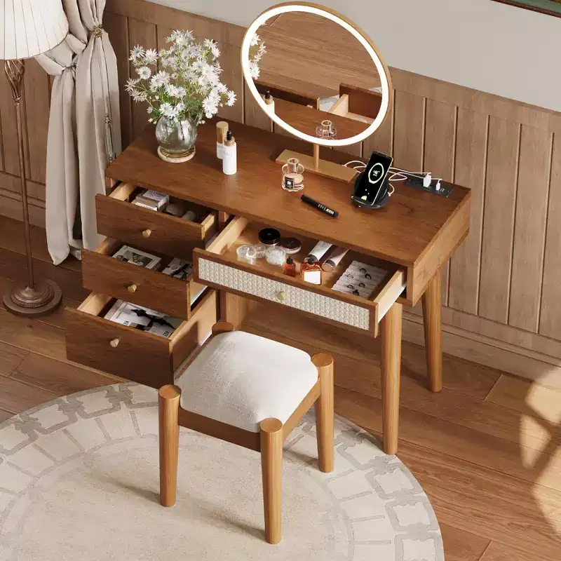 39-Inch Modern Makeup Vanity Desk with Mirror and Lights, 3 Drawers, Built-In Power Hub and Matching Stool for Bedroom
