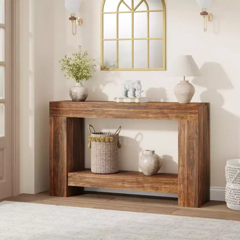 Natural Brown 2-Tier Console Table – Farmhouse Style, 1-Person Assembly, 47