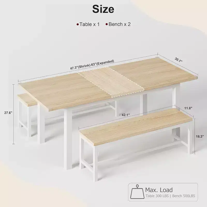63 Extendable Dining Table Set for 4-6 with 2 Benches & 2 Stools, Metal Frame & MDF Wood Top, Space-Saving Large Kitchen & Dining Room Furniture
