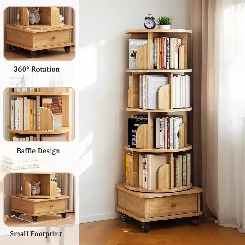 5 Tier 360 Rotating Bookshelf , Wood Color Sturdy Structure, Space-Saving for Small Corners, for Bedroom/Living Room/Study/Home Office